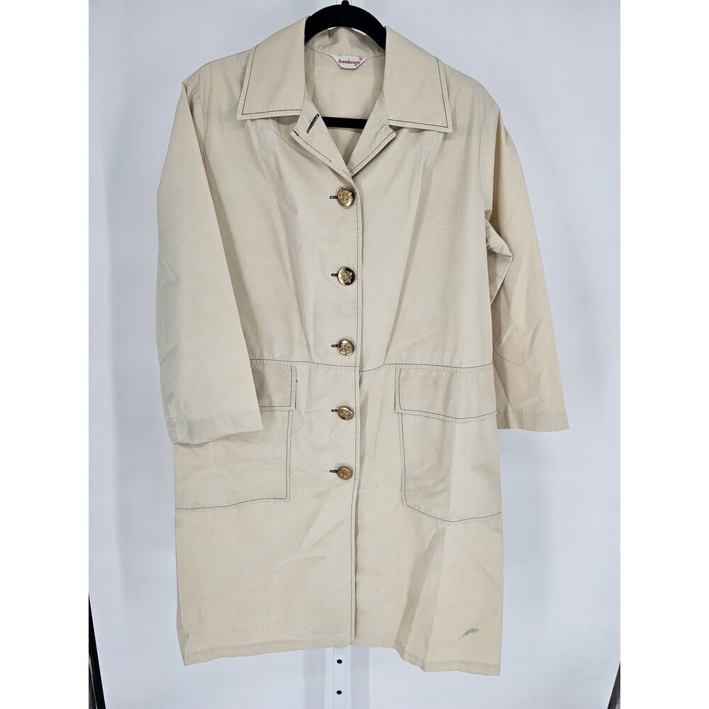 Vintage Donnkenny Womens Sz 16 Knee Length Raincoat Beige w/ Gold Buttons